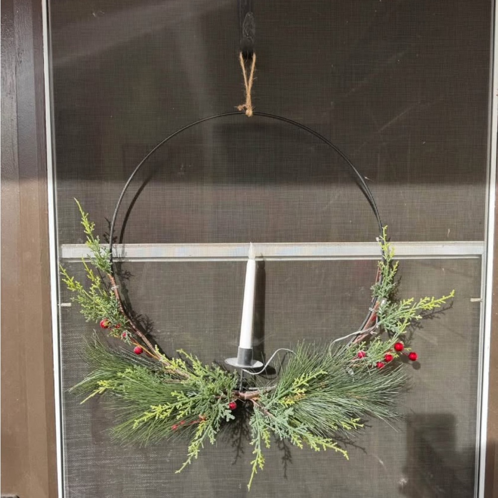 Elegant Holiday Wreath with Candle light up battery red berries on hoop